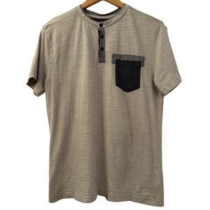 Modern Culture Men’s Short Sleeve Henley Tee, Tan with Contrast Pocket, Size M